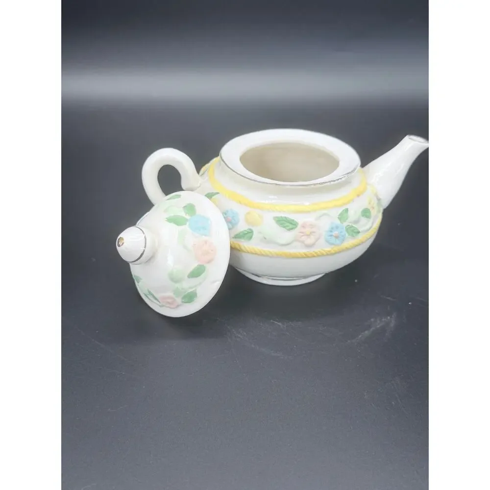Floral Applique Ceramic Teapot Raised Flowers Yellow Rope Trim 6 Inch